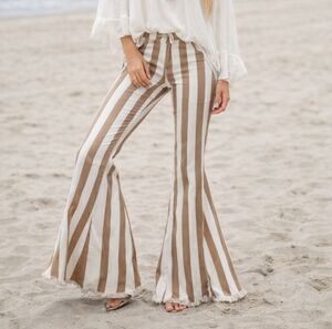 Saints & Hearts womens M Mocha Brown Striped Pants Bell Bottom High Rise Flare